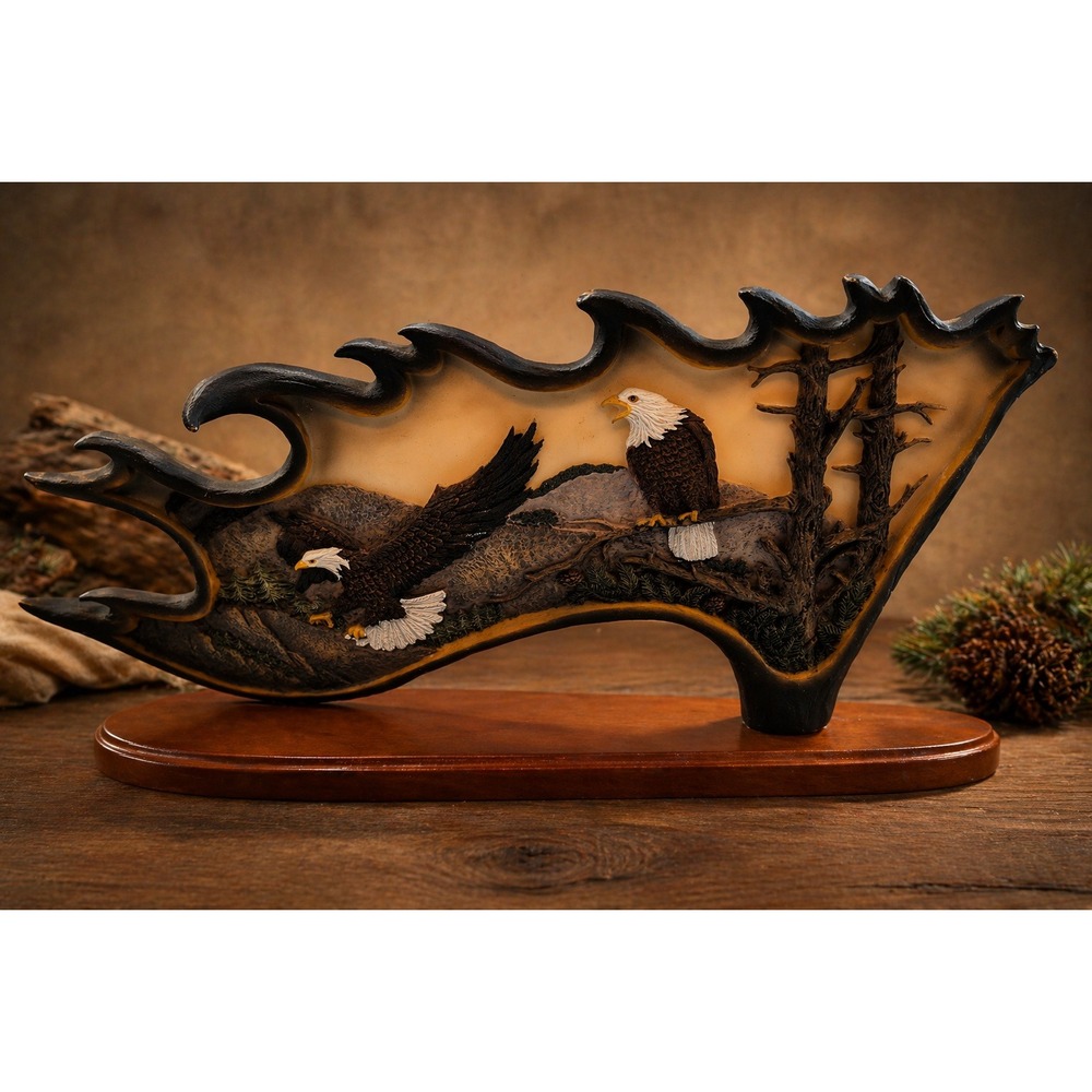 Bald Eagle Faux Antler Sculpture Flame Design Mountain‎ Scene Rustic Lodge Decor